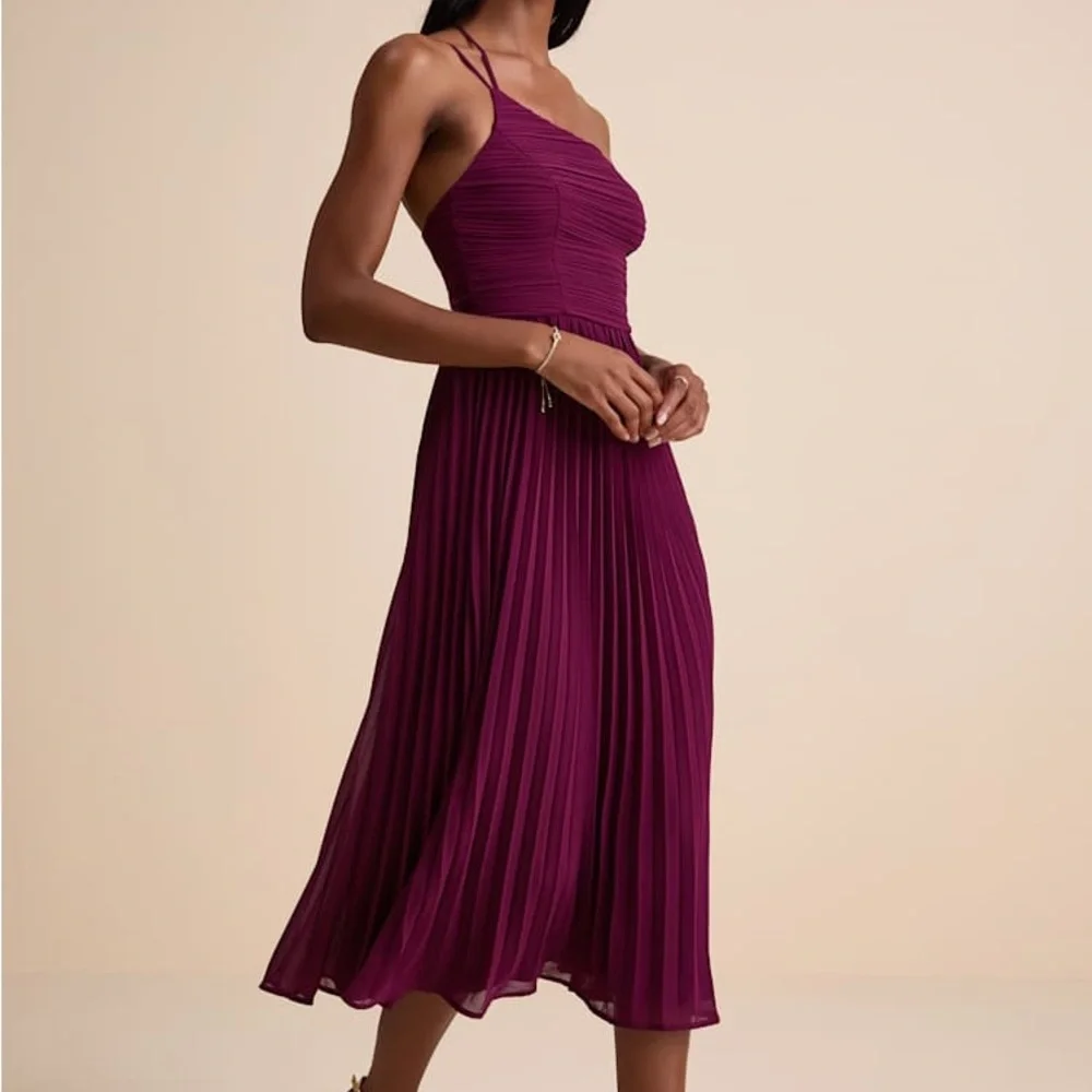 Lulus Wondrous Muse Plum Pleated One-Shoulder Midi Dress XXL - Picture 3 of 12